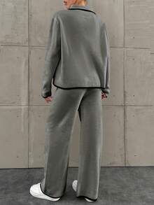 EURMUSE 2pcs Women's Color Block Front Button Long Sleeve Simple Sweater And Pants Set - Grey - View 2