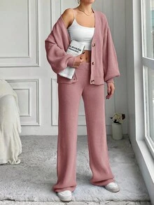 EURMUSE 2 件套女士纯色灯笼袖单排扣休闲开衫和针织长裤休闲套装，秋冬 - 乾枯玫瑰色 - 查看 4