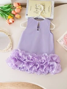 Elladie kids Baby Girls' Elegant Sleeveless Bow Decor Ruffle Mesh Dress, Minimalist Fashion For Spring/Summer - Mauve Purple - View 3