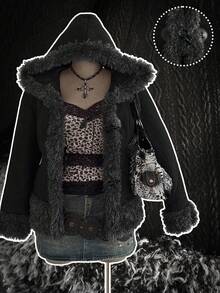 Sunspun Áo khoác có mũ trùm đầu tay dài, màu trơn, tối giản, giản dị, có dây rút, cỡ lớn, đệm ngực - màu đen - Xem 1