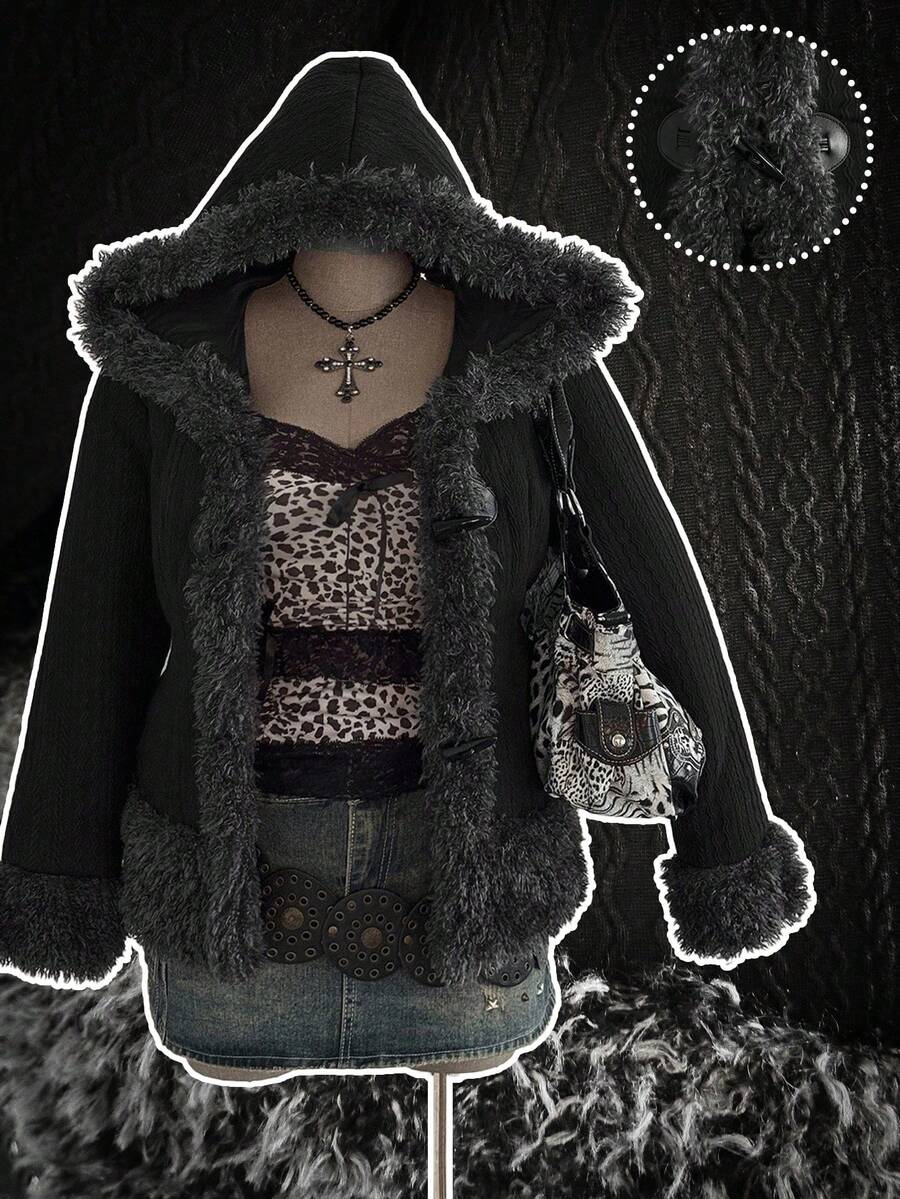 Sunspun Áo khoác có mũ trùm đầu tay dài, màu trơn, tối giản, giản dị, có dây rút, cỡ lớn, đệm ngực - màu đen - Xem 1