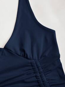 Sweetra Asymmetrical Waist Cinched Stylish Rugged Chic Exotic Inspired Mini Dress, Flattering Silhouette - Navy Blue - View 4