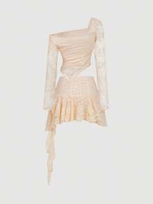 SHEIN MOD 女士蕾丝不对称领长袖上衣搭配荷叶边中长裙，时尚两件套，独特连衣裙，露肩设计，蕾丝连衣裙，褶皱连衣裙，秋冬季，圣诞节女装，新年装，感恩节女装，派对装，海滩装，优雅女士套装，白色两件套，波西米亚风，乡村音乐会装，外出装