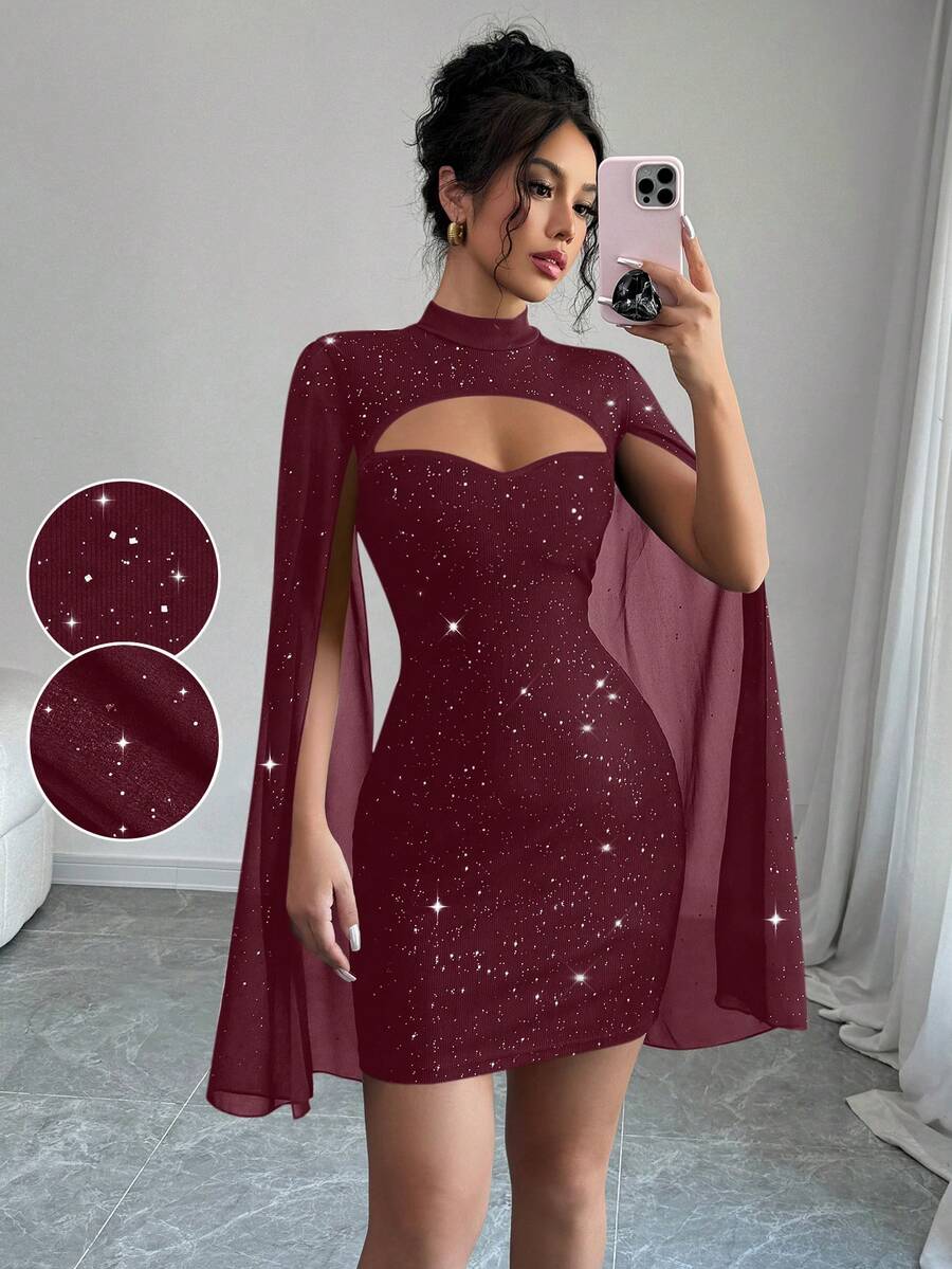 Elenzga Váy ngắn dự tiệc sequin thanh lịch thời trang dành cho nữ - Gỗ đỏ - Xem 1