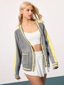 CourtClass Women's Striped Regular Loose Raglan Sleeve V-Neck Knit Cardigan