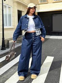Jeanoix Plus Size Casual Loose Cropped Denim Jacket