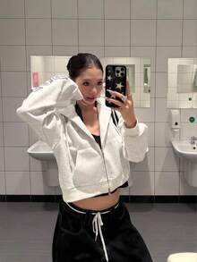 INAWLY 女式 Y2K 休闲日常通勤时尚街头字母印花拉链抽绳连帽短款运动衫 - 淺灰色 - 查看 3