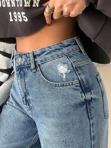 SHEIN Tall 高腰水洗细节直筒牛仔裤 - 中等水洗藍 - 查看 4