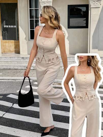 SHEIN Frenchy 女士单排扣方领花卉刺绣下摆背心和裤子优雅两件套