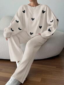 EURMUSE Women Hearth Pattern Sweater & Sweater Pants Set - Beige - View 3