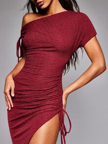 NYA SZN Burgundy Summer Seksi Chic Night Out Dress Women's Short Sleeve Asymmetrical Textured Cute Wedding Guest Party Special Occasion Midi Length Outfits - Red - View 5