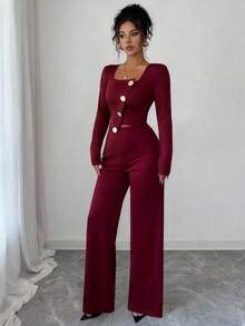 Elenzga 女士优雅办公室通勤下午茶派对不对称下摆长袖西装外套和松紧腰裤两件套西装套装，秋冬 - 酒紅色 - 查看 7
