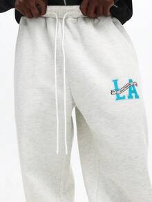 SUMWON Pantalón de chándal de pierna recta con estampado de LA, cintura con cordón casual, ajuste relajado, liso jaspeado - Gris - Ver 6