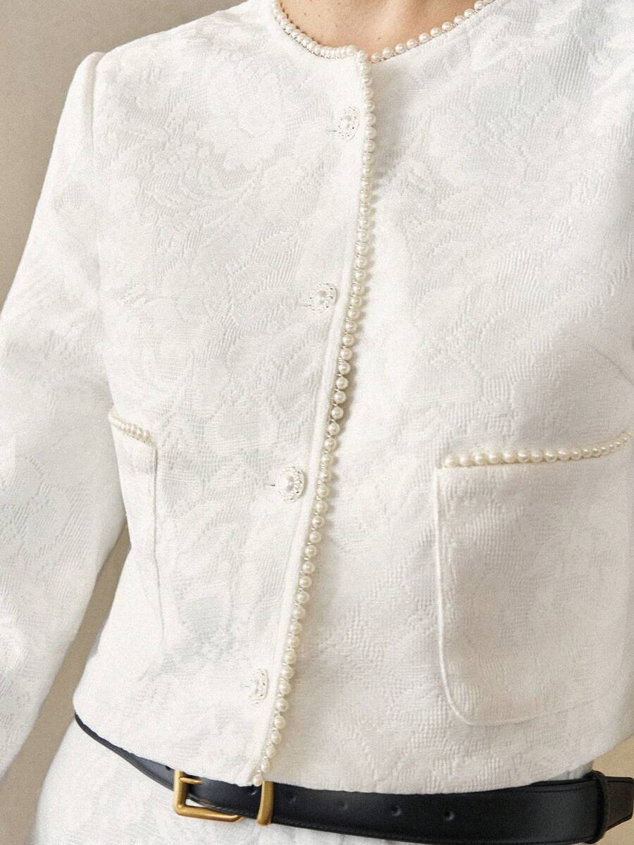 SHEIN LUNE Women's White Autumn Elegant Pearl Button Lace Woven Fabric H-Shaped Top + Hip-Wrapped Bottoms Two-Piece Set,Work Business Casual Church Outfits Suits - White - View 1
