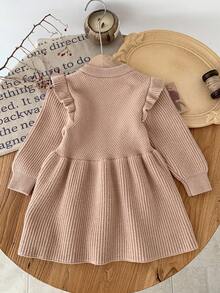 SHEIN Babygirl 可爱卡其色荷叶边长袖针织连衣裙，秋冬