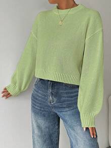 SHEIN LUNE 女式纯色简约休闲圆领长袖白色毛衣 - 青檸色 - 查看 3
