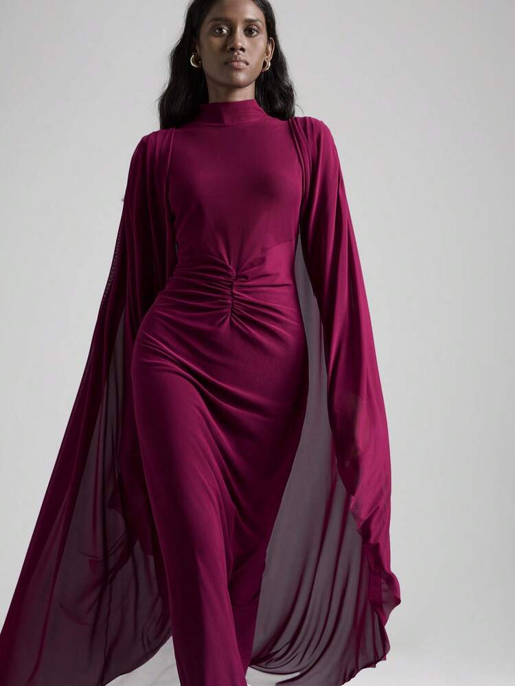Women's Deep Purple Stand Collar Long Sleeve Fitted Dress With Shawl Design,Elegant Autumn Evening Clothes For Dining,Wedding Guest Cruise Attire