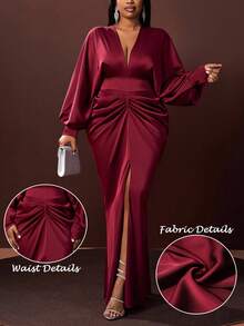 Veslaya Burgundy Autumn Elegant Formal Wedding Plus Size Women's Dress,Satin V-Neck Long Sleeve Ruched Waist Maxi Dress With High Slit For Party Date Night - Burgundy - View 1