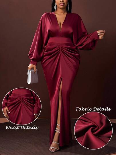 Veslaya 2025 Autumn/Winter Plus Size Women's Dress, Elegant Ruched Waist Satin V-Neck Long Sleeve Maxi Dress With High Slit, Suitable For Country Music Concert, Wedding Guest, Date Night, Party, Formal Occasion