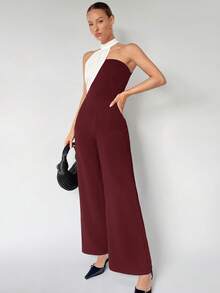 Maija Macacão assimétrico com recorte e ombros descobertos, novo outono/inverno 2025, vermelho e branco, bloco de cores, moderno, elegante, casual, para escritório, versátil, estilo romântico básico, adequado para ocasiões formais, festas, casamentos, shows, brunch, aeroporto, dia nacional, ano novo, Natal, Ação de Graças