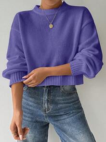 SHEIN LUNE Áo len nữ cổ tròn tay dài màu trắng đơn giản, thoải mái - Bold Plum - Xem 5