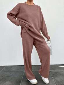 Women's Casual Loose Fit Drop Shoulder Sweater And Pants 2 Pieces Set, Autumn/Winter - Rusty Rose - View 3