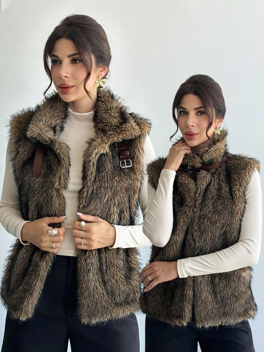 Firerie 女式优雅秋冬新款人造毛皮无袖纽扣夹克 - 摩卡棕 - 查看 1