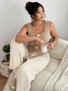 Lounesse Plus Size Tank Top, Plus Size Shell Button Decor, Beige Ribbed Fabric, Fashionable At Home Casual Plus Size Camisole - Apricot - View 5