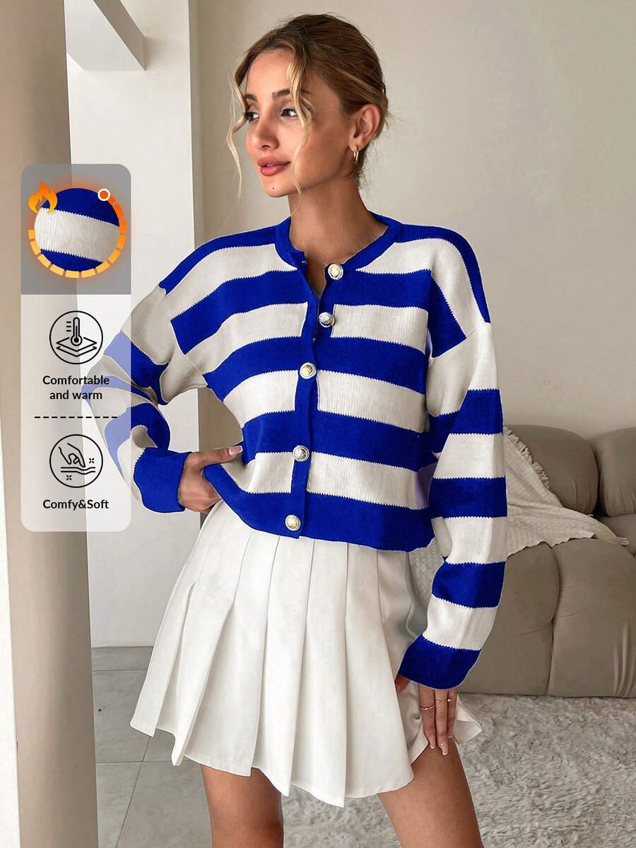 SHEIN Cottnline Cárdigan de rayas con hombros caídos - Azul - Ver 1