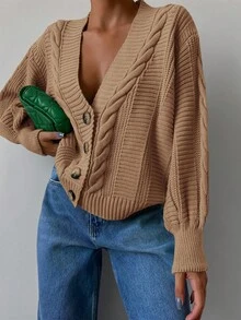 EURMUSE Cable Knit Drop Shoulder Cardigan - Brown - View 5