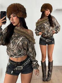 Coolane Women's & Men's Winter Streetwear Casual Tree Branch Pattern Patchwork Fuzzy Shoulder Asymmetrical Neck Long Sleeve Sweatshirt,Halloween Outfits - Army Green - View 3