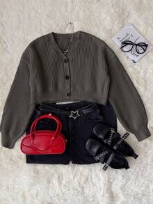 Attitoon 休闲复古风格 V 领黑色三扣宽松简约女士开衫，适合秋季、女生旅行、返校季，复古风格，百搭 - 彩色 - 查看 6