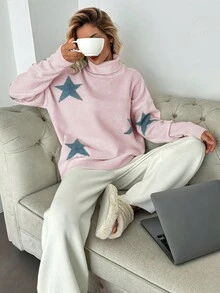 SHEIN Cottnline Women's High Neck Sweater With Pentagram Pattern - Baby Pink - View 3