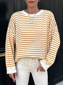 SHEIN Cottnline Women'S Striped Drop Shoulder Sweater - Orange - View 3