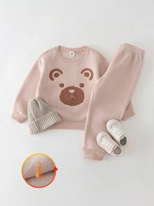 SHEIN THE HAPPY LOOK 2pcs/Set Young Boy Cartoon Animal Print Soft Knit Crew Neck Long Sleeve Pullover Sweatshirt And Elastic Waist Pants - Apricot - View 3