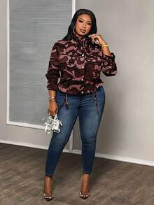 Slaydiva Plus Size Camouflage Print Drawstring Hem Jacket For Dailywear In Fall/Winter - Burgundy - View 6
