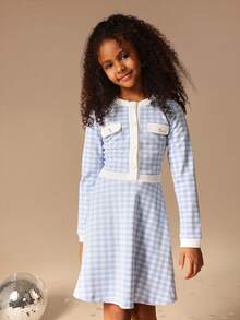 SUMWON Tween Girls Blue White Gingham Check Long Sleeve Collared Dress With Pockets Button Front A-Line Mini Fall School Outfit - Blue and White - View 5