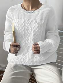 EMERY ROSE Plus Size Women Casual Solid Color Crew Neck Pullover Sweater - White - View 5