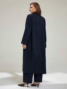 Auralis 大码女装春秋季时尚休闲宽松舒适日常百搭修身长款西装外套和阔腿裤深蓝色套装，复古富贵风格，商务休闲女装，女士办公室着装，职业装，秋季穿搭 - 藏蓝色 - 查看 3