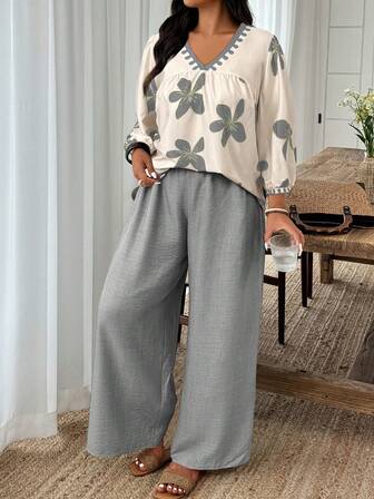 Weeklong 大码花卉印花 V 领长袖上衣和纯色休闲裤两件套