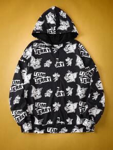 TOM & JERRY X SHEIN Bluza z kapturem i zamkiem błyskawicznym w dużym rozmiarze, jesienna bluza z nadrukiem w kreskówkowym stylu, czarna bluza z grafiką, styl uliczny, swobodna, czarna, minimalistyczna, klasyczna, z kapturem i zamkiem błyskawicznym w kreskówkowym stylu/zima - Czarne - Zobacz 1