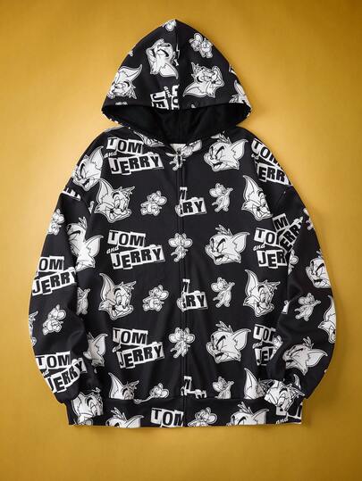 TOM & JERRY X SHEIN Plus Size Casual Letter & Cartoon Graphic Zip-Up Sweatshirt, Autumn Graphic Sweatshirt Cartoon Print Sweatshirt Black Graphic Sweatshirts Graphic Street Style Casual Black Minimalist Classic Cartoon Hooded Zip-Up Sweatshirt/Winter
