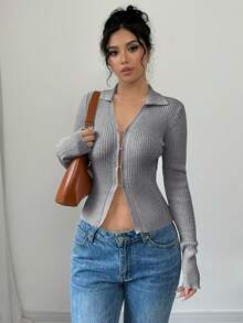 Selianne Cárdigan de punto ajustado con botones delanteros, mangas acampanadas y cuello sólido - Gris - Ver 5