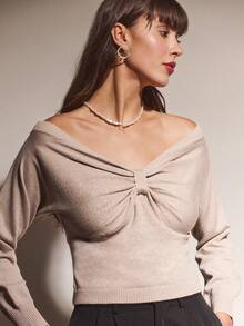 lacRébo Fine Gaunge Metallic Knit Off The Shoulder Jumper With Bow Front Detail Cute Cosy Autumn Winter - Gold - View 5