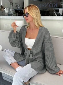 EURMUSE Women Oversize Shaped Tie-Up Detailed Cardigan - Grey - View 2