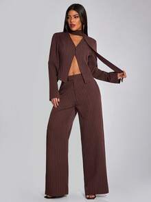 INAWLY 2pcs Women Casual Striped Print Long Sleeve Top And Wide Leg Pants Set With Sash, Spring/Autumn - Coffee Brown - View 4