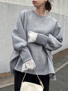 FRIFUL 女式纯色花卉拼接蕾丝圆领插肩袖宽松休闲套头衫，秋冬 - 灰色 - 查看 3