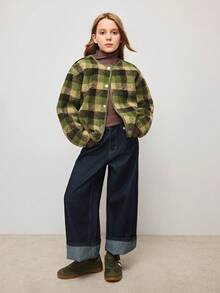 Tween Girl Casual Everyday Plaid Button-Up Cardigan, Autumn/Winter - Green - View 3