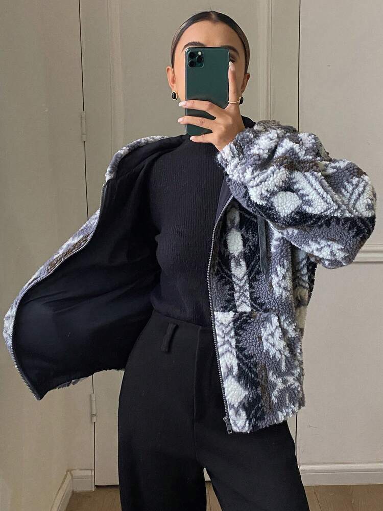 Floral Print Vintage Sherpa Lined Hooded Zip-Up Loose Casual Street Jacket For Women, Autumn/Winter