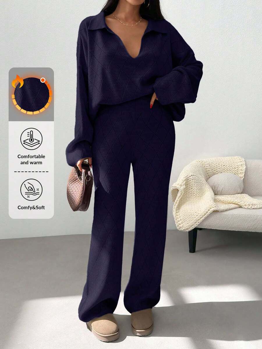 SHEIN Woman Checkered Jacquard Polo Neck Two Pieces Sweater And Pants Co-Ords - Navy Blue - View 1